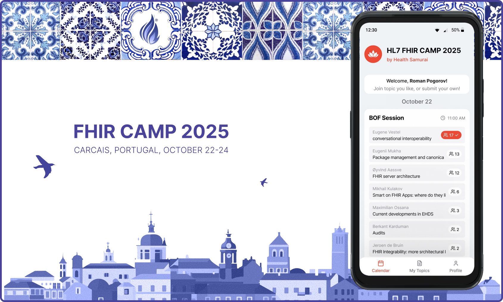 FHIR Camp 2025, Каркайш, Португалия — приложение BOF-сессии Health Samurai на телефоне