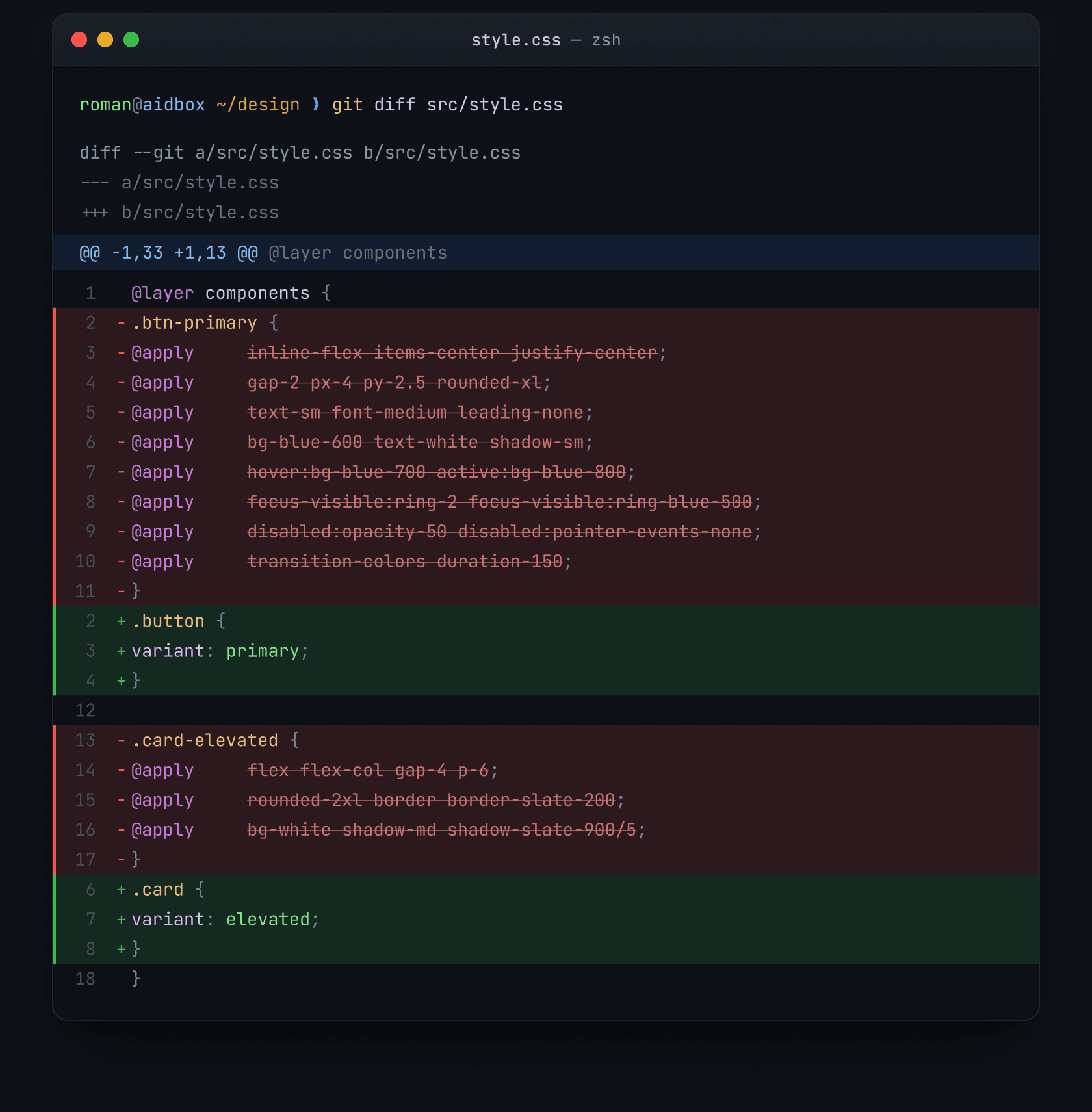 git diff style.css — apply-суп shadCN сворачивается в semantic variant-API