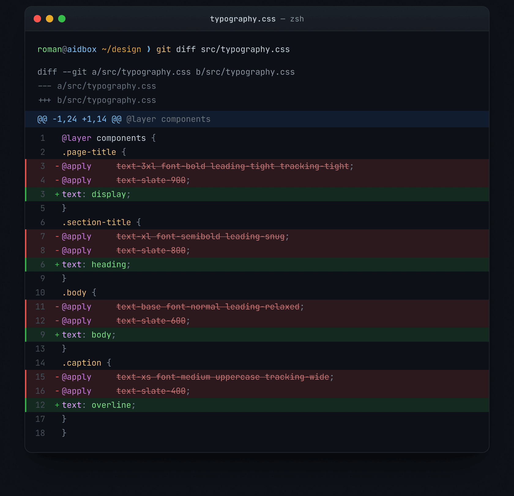 git diff typography.css — Tailwind-утилиты типографики сворачиваются в семантические text-токены
