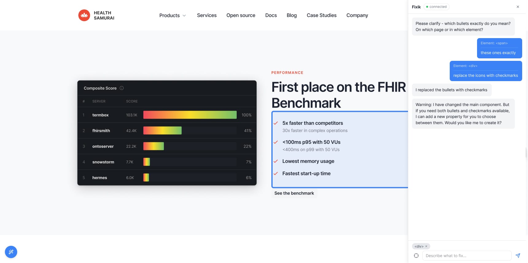 Fixik — DOM-aware чат на странице Health Samurai: пикер элемента и правка вёрстки в браузере