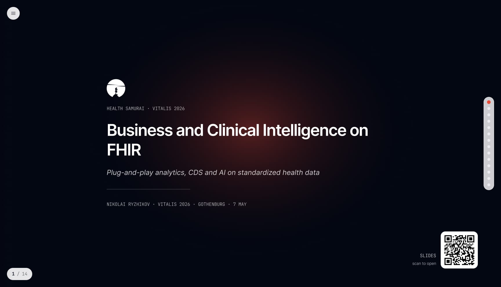 Business & Clinical Intelligence on FHIR — тёмный титул с QR