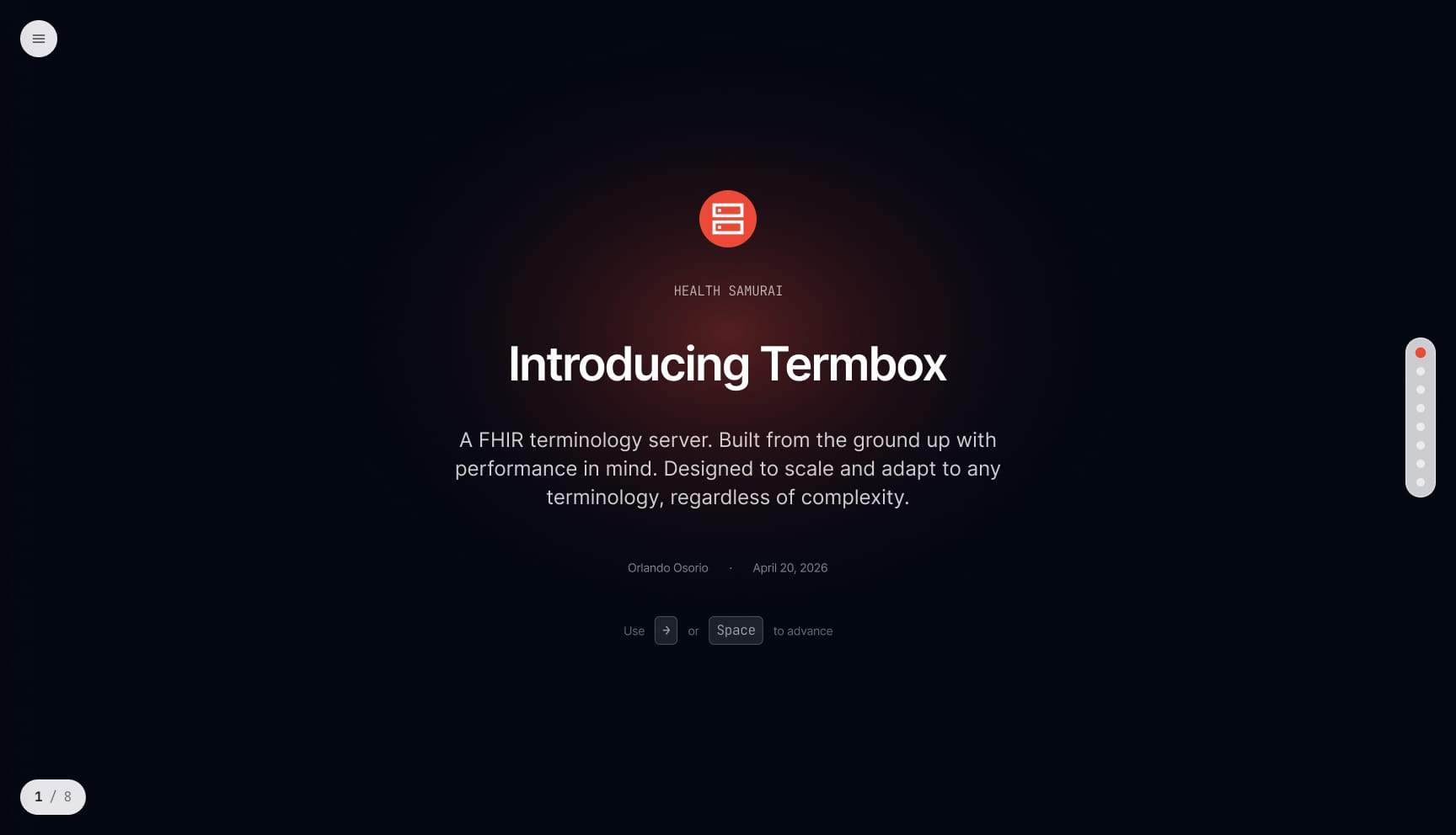 Termbox — тёмный титульный слайд с фоновым свечением